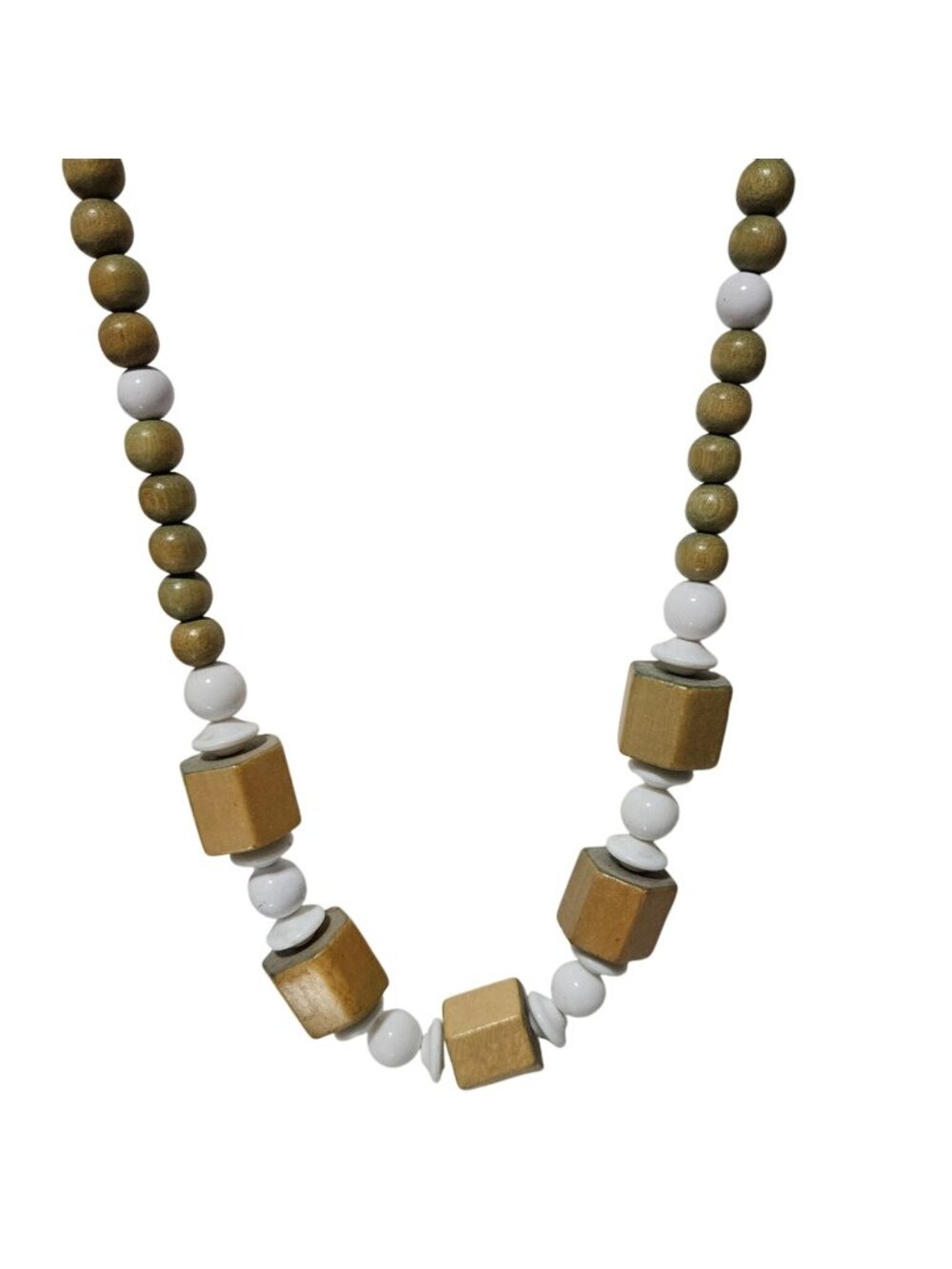 Vintage Beaded Chunky Necklace Geometric Wooden White Beads Boho Fashion Jewelry